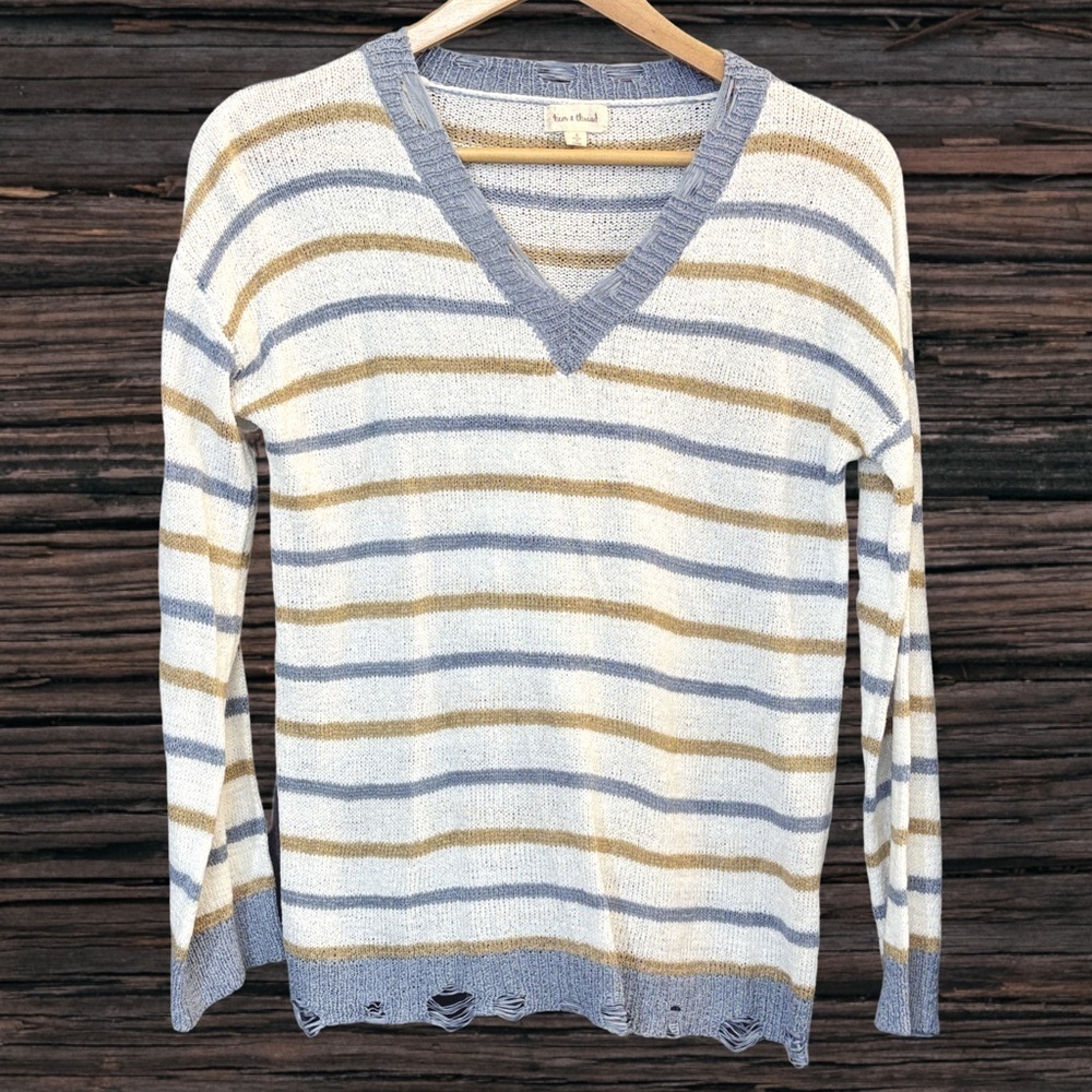 Hem & Thread Striped V-Neck Sweater - Gray and Gold